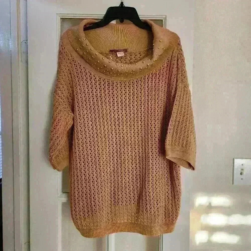 Vintage Gepetto Women's Short Sleeve Tan Cowl Neck Studded Knit Fall Sweater XL